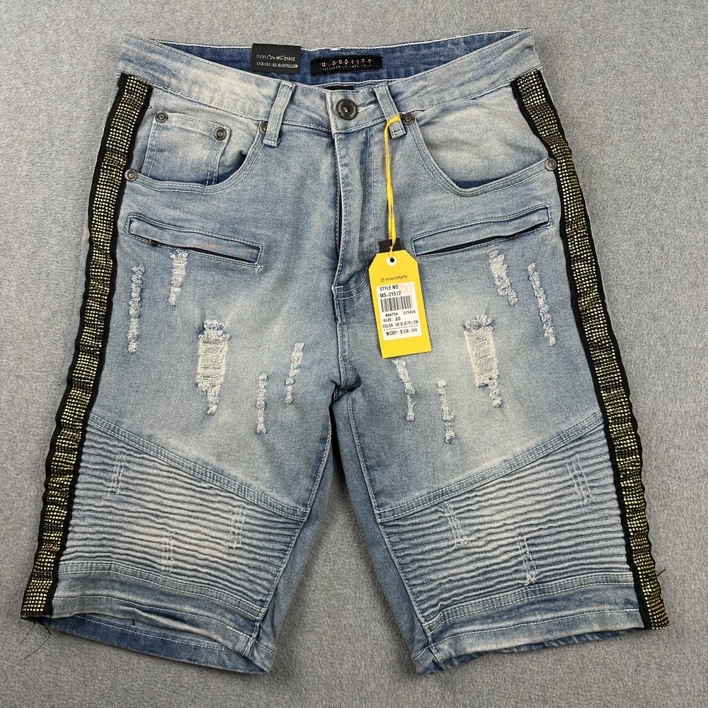 M Society Shorts Mens 30 Ice Blue Yellow Distressed Moto Biker Denim Rhinestone